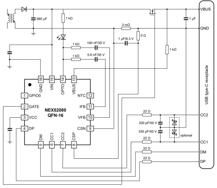 Applikations-Schaltungsdiagramm - Nexperia NEX52080 USB-Typ-C®-Power-Delivery-Controller